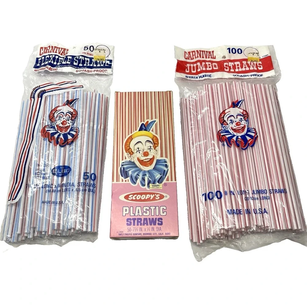 Vintage 1969- 80s Carnival Supra Plastic Scoopy's Squash Proof Straws Lot Of‎ 3